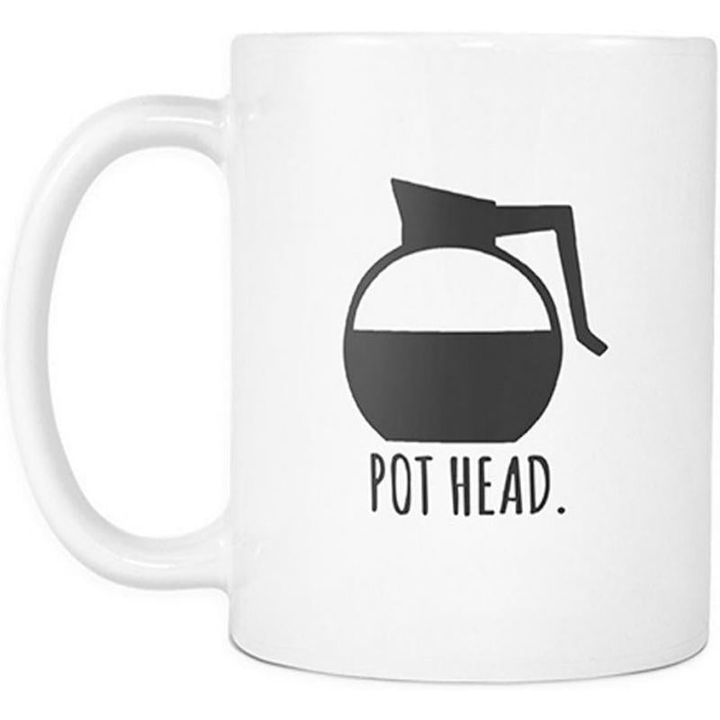 Tailorly White Ceramic 11 oz Mug - Pot Head Minimalist Black Coffee Pot Silhouette Half Filled With Dark Liquid Coffee Pot