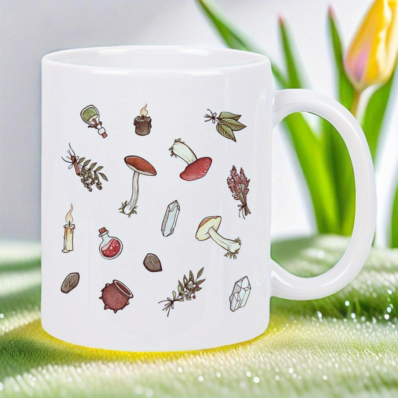 Tailorly White Ceramic 11 oz Mug - Hand Drawn Mystical Forest Elements With Crystals And Magical Botanical Mushroom
