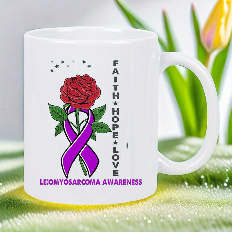 Tailorly White Ceramic 11 oz Mug - Faith Hope Love Leiomyosarcoma Awareness Elegant Blooming Red Flower Wrapped In Vibrant Purple Awareness Ribbon Rose