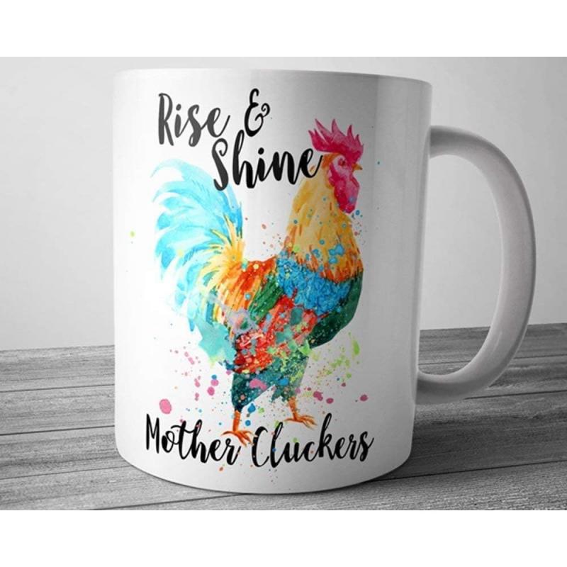 Tailorly White Ceramic 11 oz Mug - Rise Shine Mother Cluckers Vibrant Watercolor Farmhouse Style With Splashing Rainbow Colors Featuring Majestic Rooster