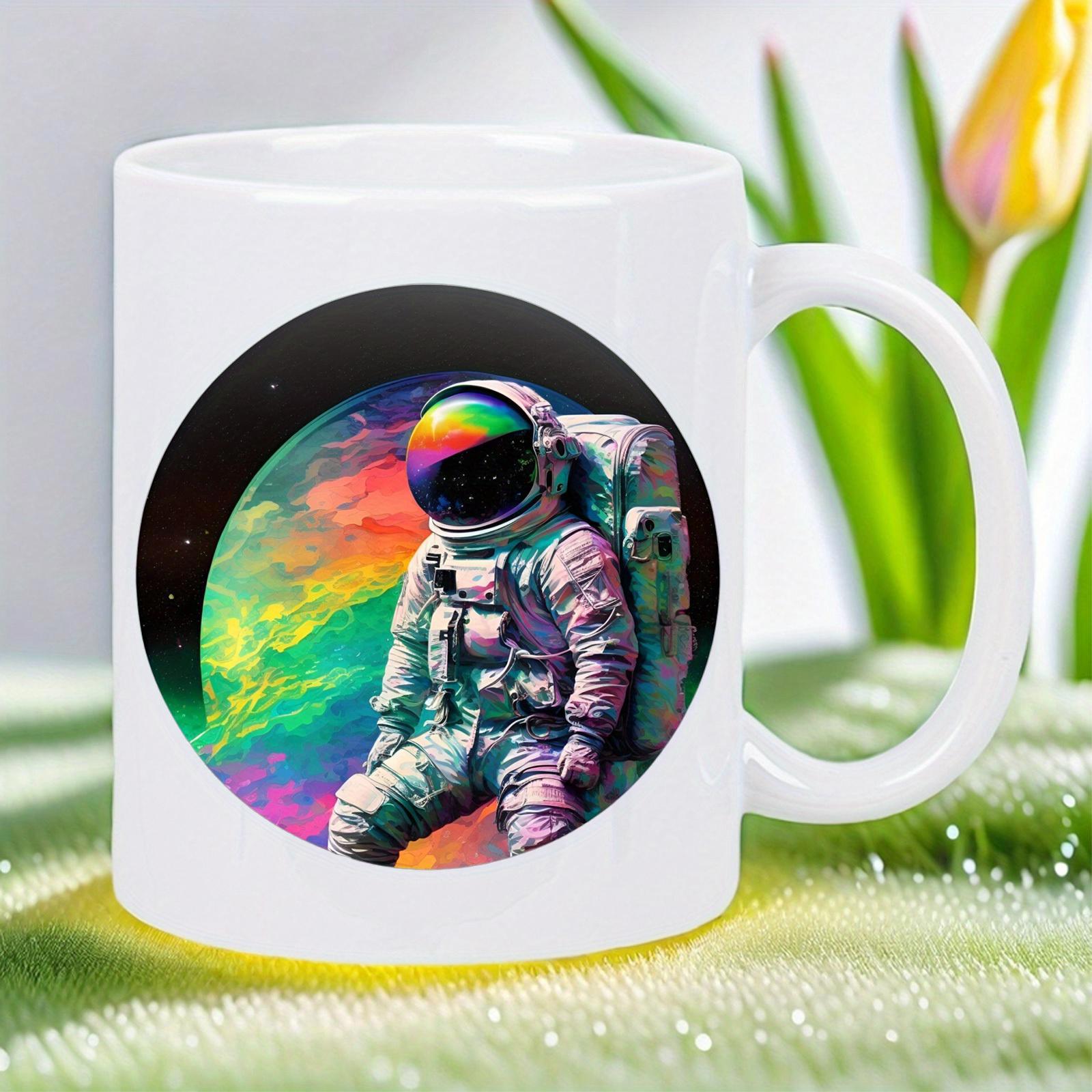 Tailorly White Ceramic 11 oz Mug - Vibrant Colorful Space Nebula Swirling Behind A Peaceful Sitting Space Traveler Astronaut