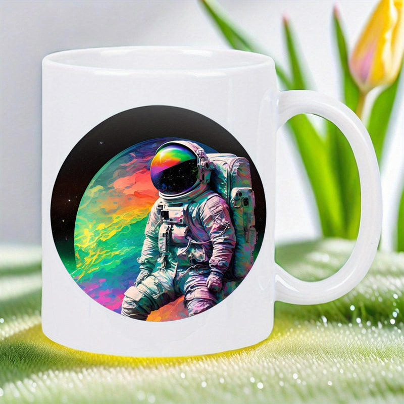 Tailorly White Ceramic 11 oz Mug - Vibrant Colorful Space Nebula Swirling Behind A Peaceful Sitting Space Traveler Astronaut
