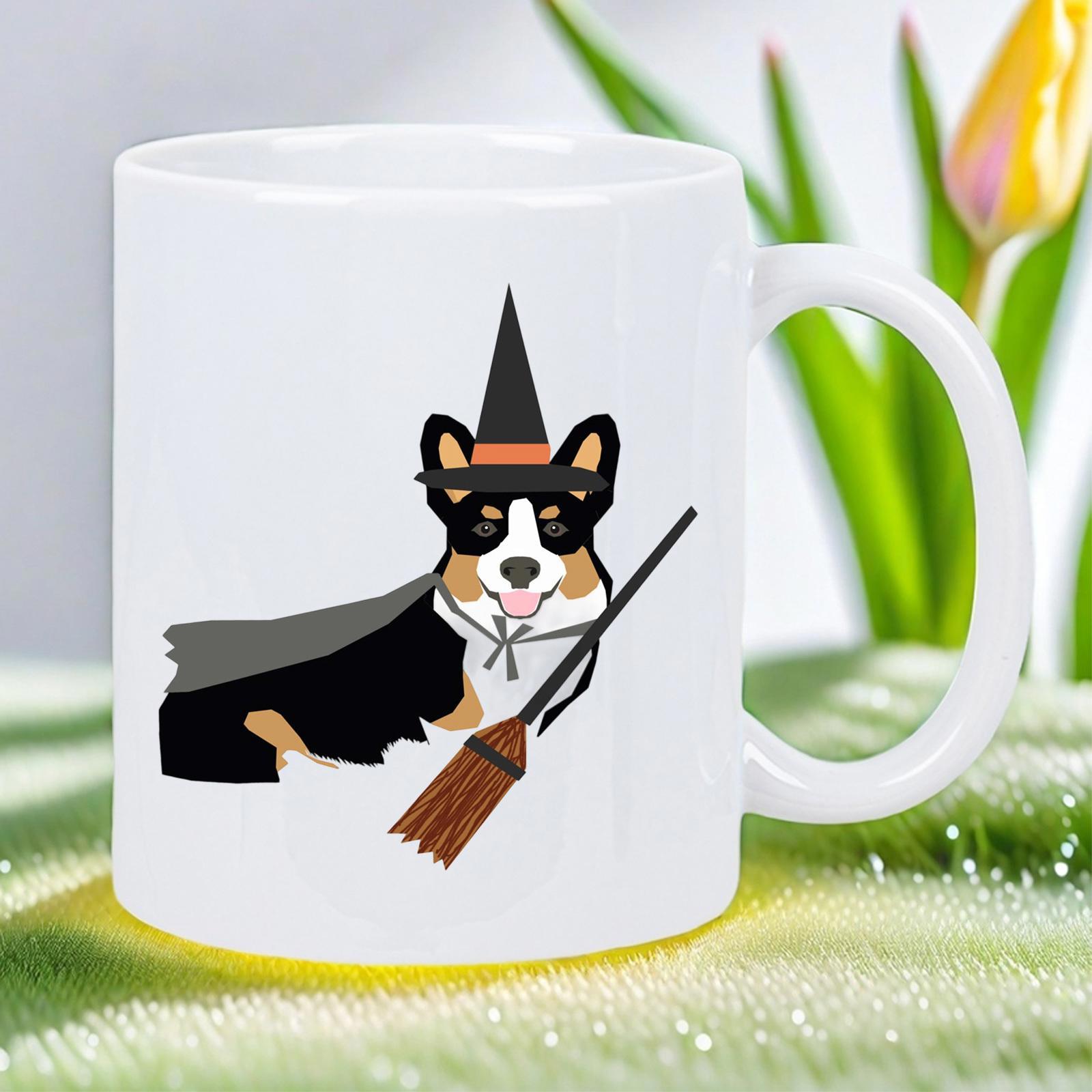 Tailorly White Ceramic 11 oz Mug - Adorable Halloween Witch Dog Wearing Pointed Hat And Cape Carrying Broomstick Corgi