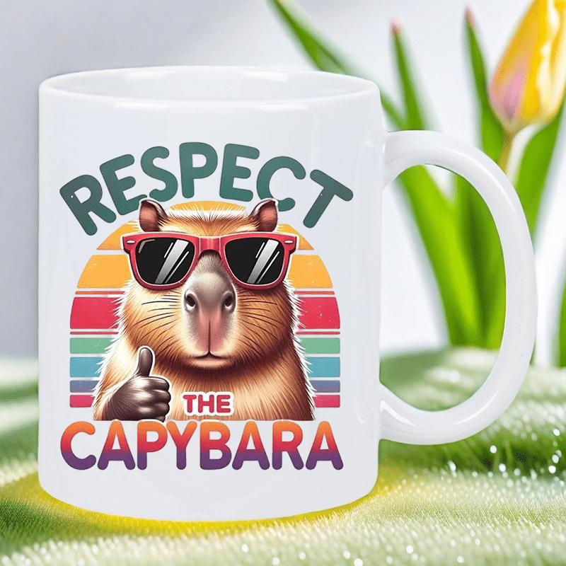 Tailorly White Ceramic 11 oz Mug - Respect The Capybara Retro Striped Sunset With Cool Mammal Wearing Red Sunglasses Giving Thumbs Up Capybara