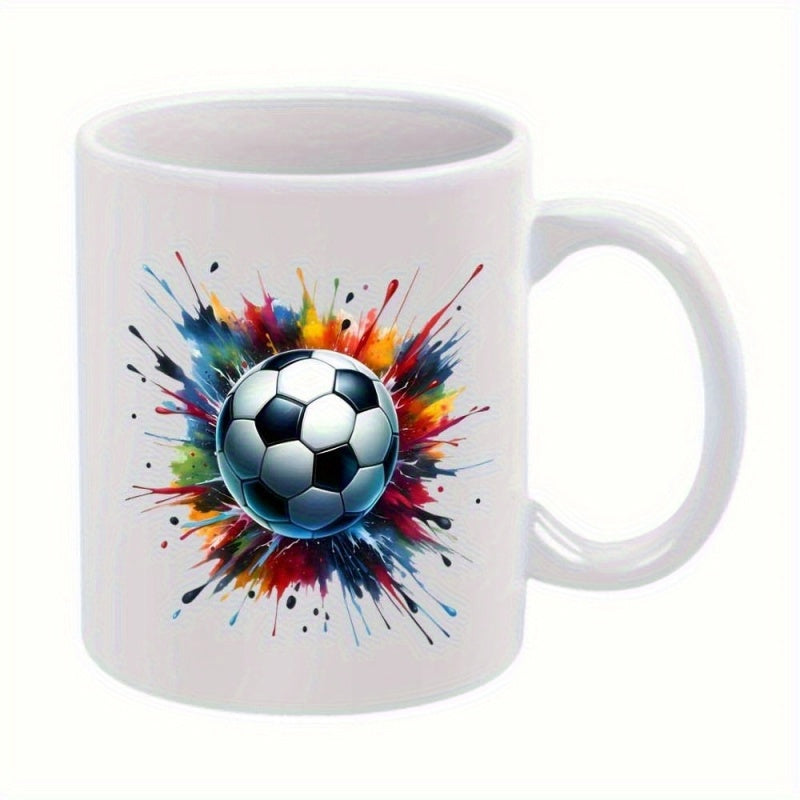 Tailorly White Ceramic 11 oz Mug - Colorful Vibrant Artistic Paint Splatters Exploding Behind A Classic Sports Soccer Ball
