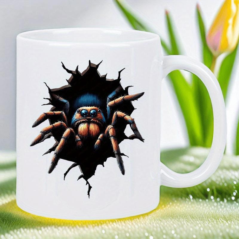 Tailorly White Ceramic 11 oz Mug - Intricate Furry Jumping Spider Breaking Through A Dark Realistic Cracked Wall Spider