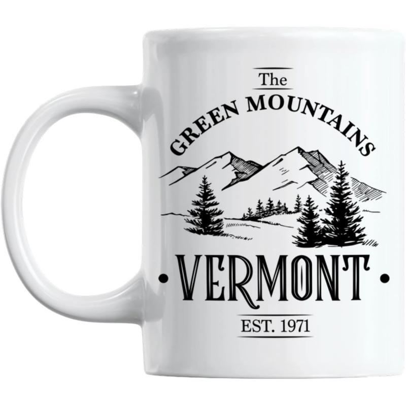 Tailorly White Ceramic 11 oz Mug - The Green Mountains Vermont Est 1971 Rugged Peaks Standing Tall Behind Evergreen Pine Trees In Wilderness Mountain