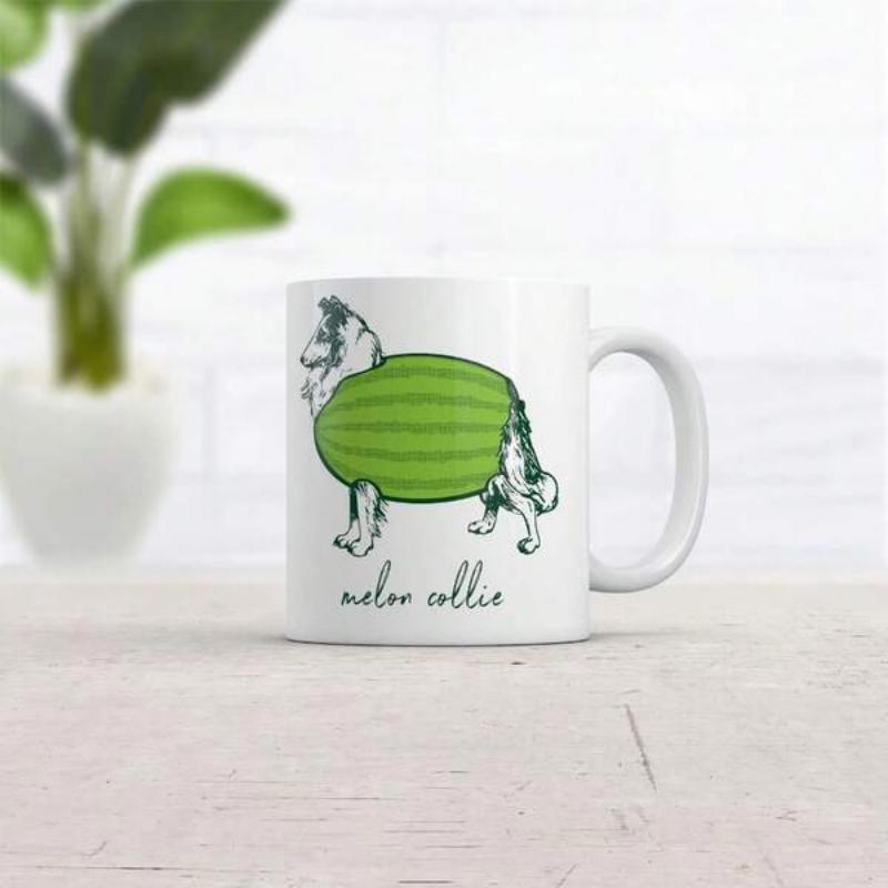 Tailorly White Ceramic 11 oz Mug - Melon Collie Whimsical Border Collie Dog Wearing A Large Green Striped Summer Fruit Watermelon Collie