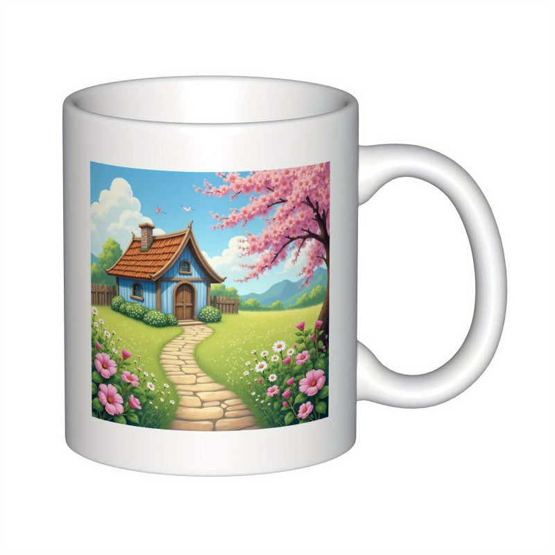 Tailorly White Ceramic 11 oz Mug - Little Blue Cottage Nestled Among Pink Blossoms And Stone Garden Path House