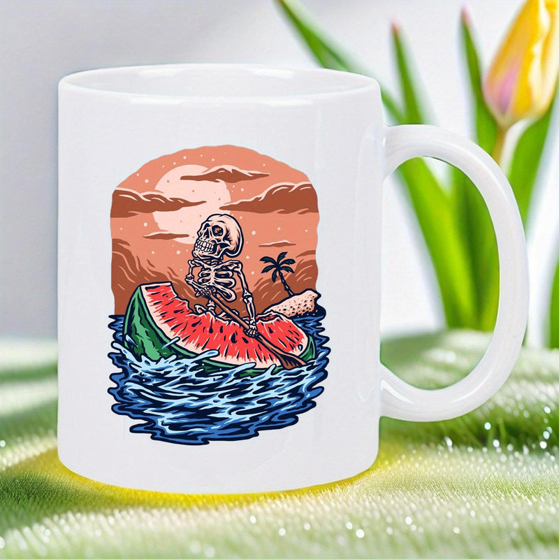 Tailorly White Ceramic 11 oz Mug - Skeleton Rowing A Watermelon Boat Over Waves Under Orange Sunset Skeleton