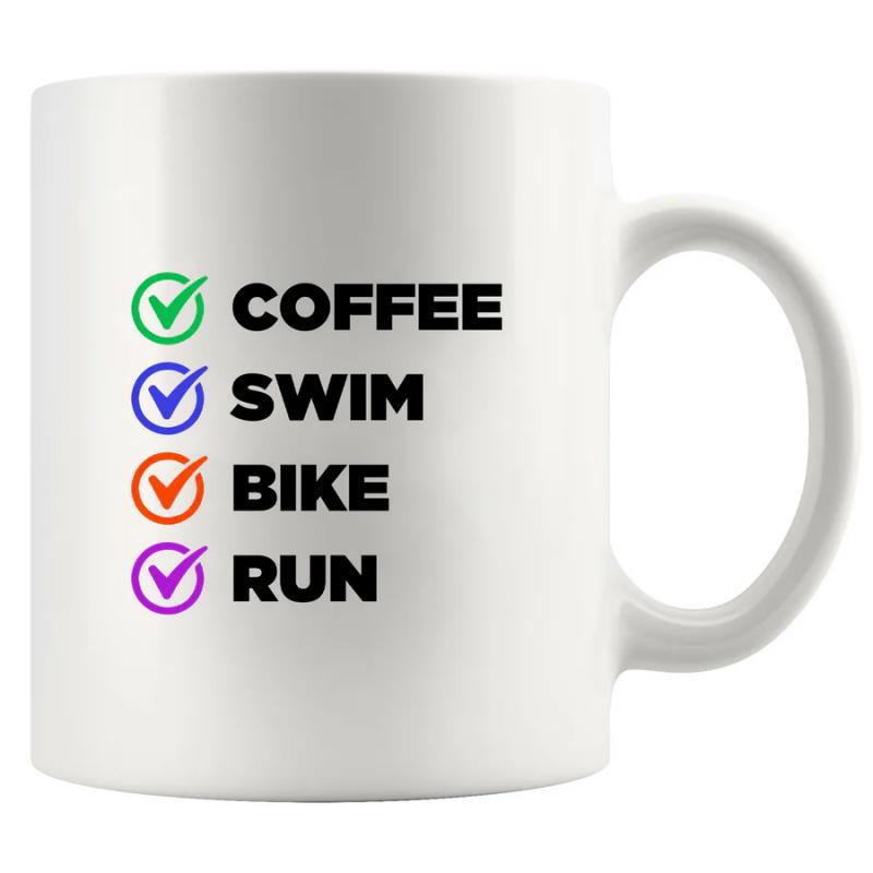 Tailorly White Ceramic 11 oz Mug - Coffee Swim Bike Run Colorful Checklist Icons Illustrating Daily Routine For Active Athlete Checklist