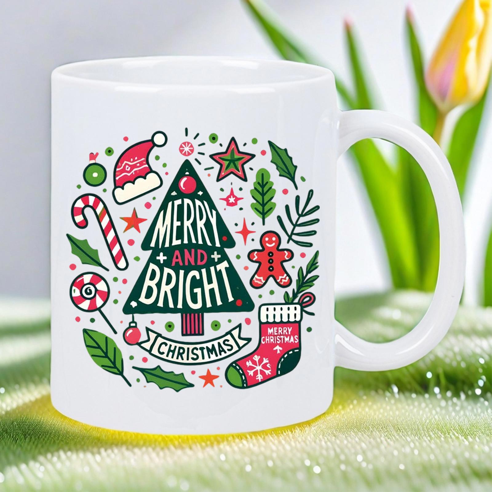 Tailorly White Ceramic 11 oz Mug - Merry And Bright Christmas Festive Ornaments Surrounded By Gingerbread Man And Holiday Stocking Among Green Leaves Christmas