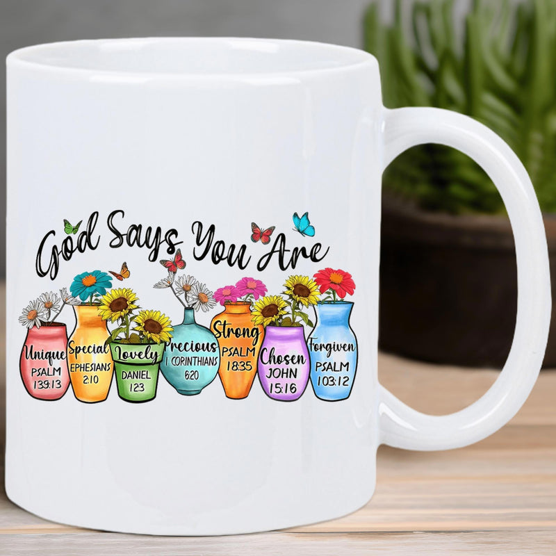 Tailorly White Ceramic 11 oz Mug - God Says You Are Vibrant Flowers Blooming Inside Diverse Colorful Decorative Ceramic Vases
