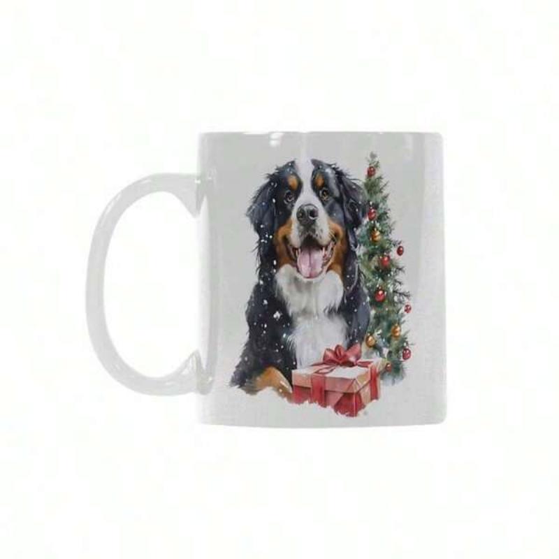 Tailorly White Ceramic 11 oz Mug - Charming Bernese Mountain Dog Sitting Beside A Festive Decorated Christmas Tree Dog