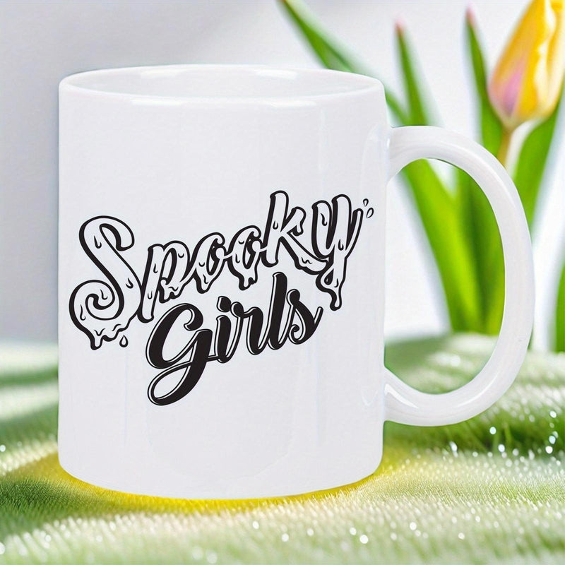 Tailorly White Ceramic 11 oz Mug - Spooky Girls Dripping Melting Aesthetic Hand Drawn Letters In Natural Outdoor Setting Lettering