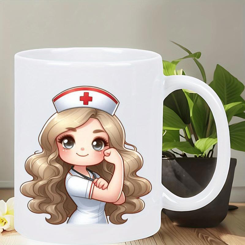 Tailorly White Ceramic 11 oz Mug - Cute Cartoon Character With Long Curly Blonde Hair Wearing Professional White Uniform Nurse
