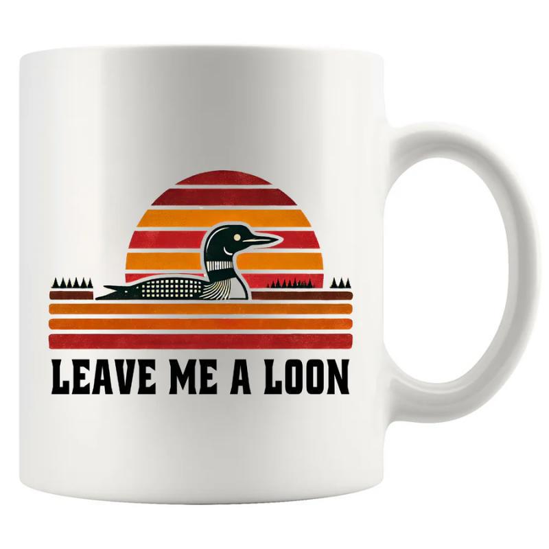 Tailorly White Ceramic 11 oz Mug - Leave Me A Loon Retro Sunset Stripes With Floating Water Bird Loon