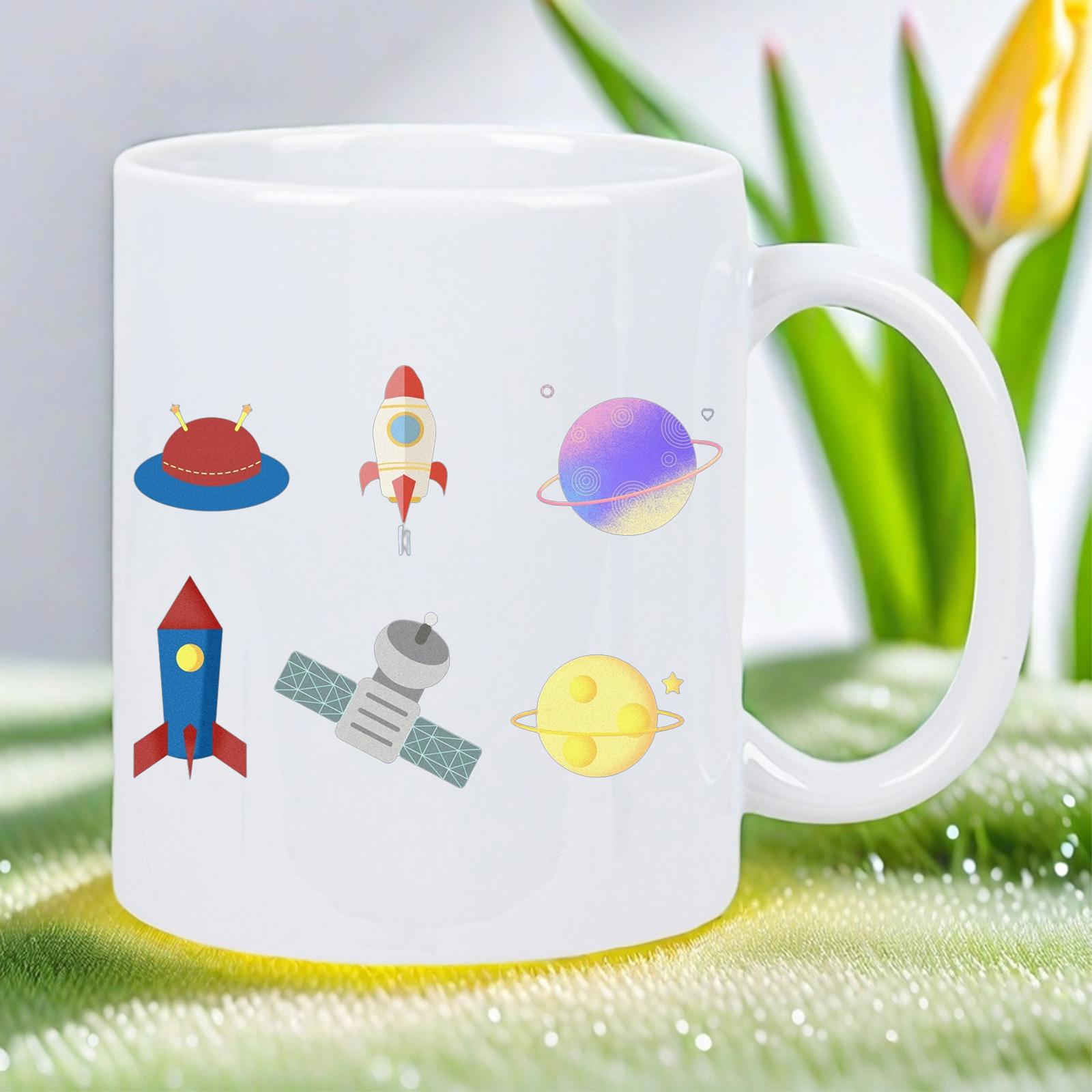 Tailorly White Ceramic 11 oz Mug - Colorful Cartoon Style Space Elements Floating Gracefully Across The Universe Rocket
