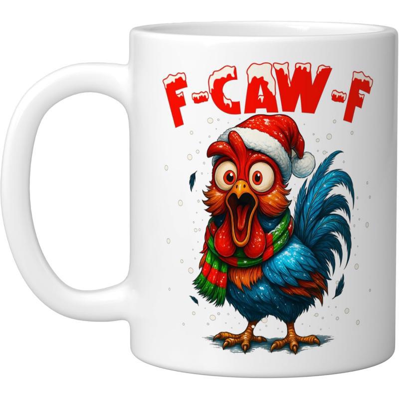 Tailorly White Ceramic 11 oz Mug - F Caw F Festive Colorful Bird Wearing Santa Hat And Scarf Among Falling Snow Rooster