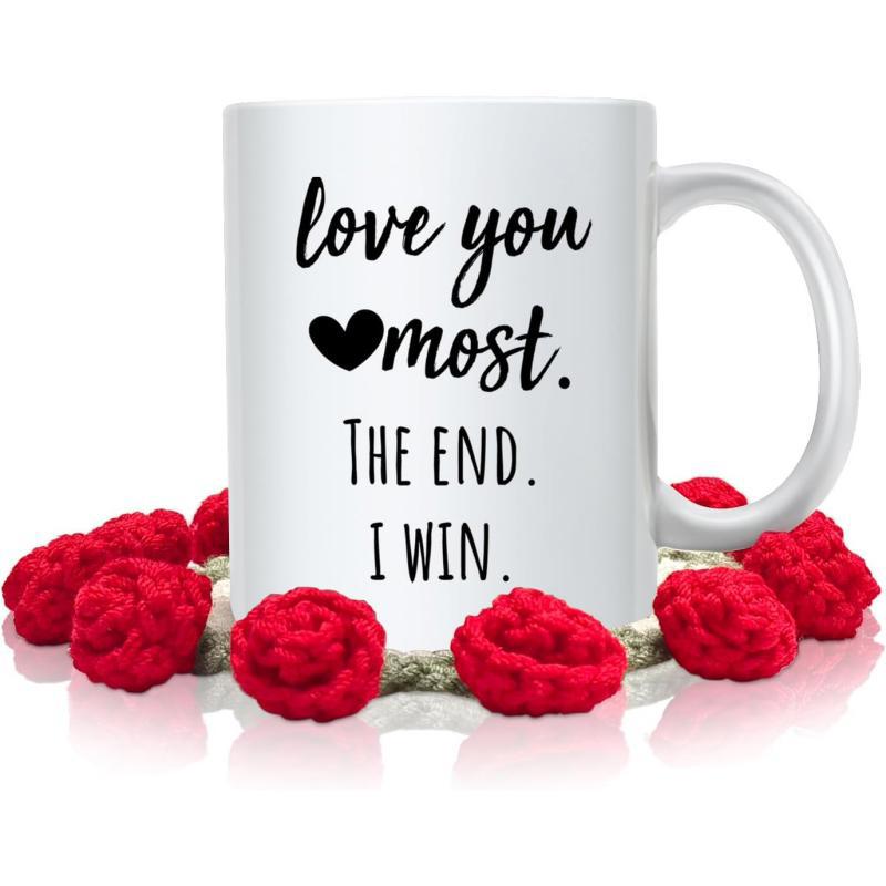 Tailorly White Ceramic 11 oz Mug - Love You Most The End I Win Simple Heart Icon Surrounded By Decorative Red Blossoms And Rope Heart