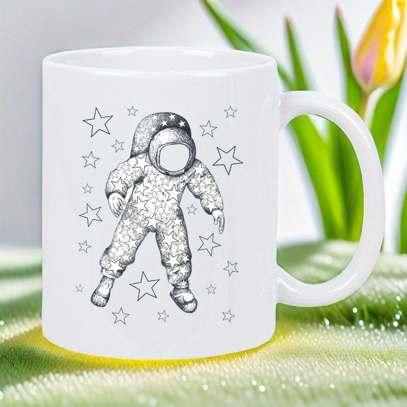 Tailorly White Ceramic 11 oz Mug - Hand Drawn Sketch Of Space Explorer Floating Among Glowing Celestial Stars Astronaut