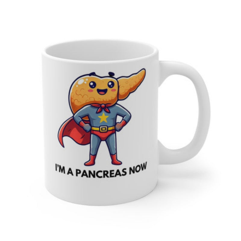Tailorly White Ceramic 11 oz Mug - Im A Pancreas Now Cute Smiling Cartoon Superhero Wearing Red Cape And Blue Suit Pancreas