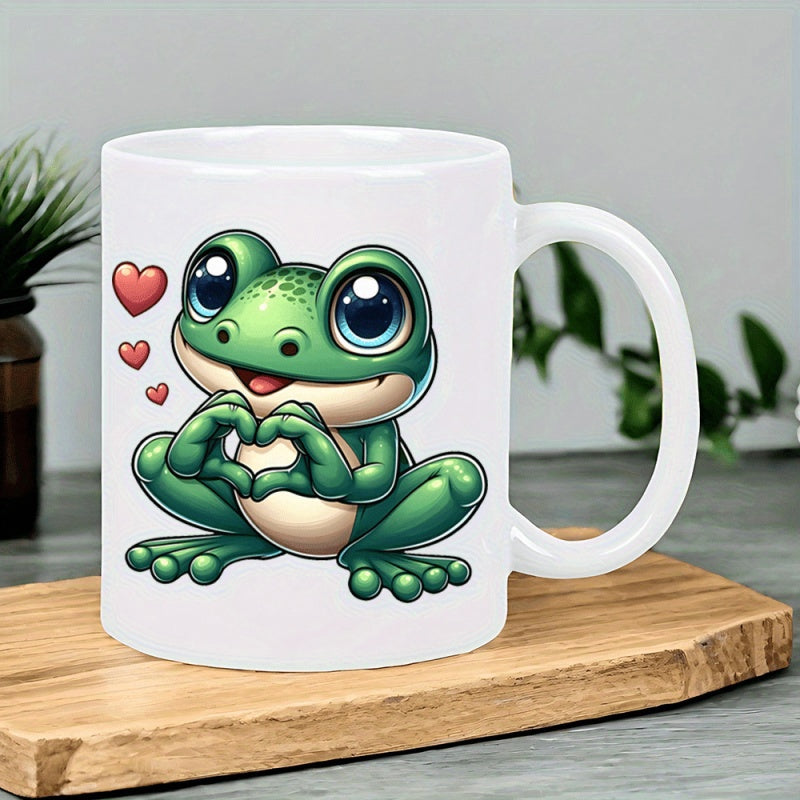 Tailorly White Ceramic 11 oz Mug - Adorable Green Cartoon Character Making A Loving Heart Gesture Frog