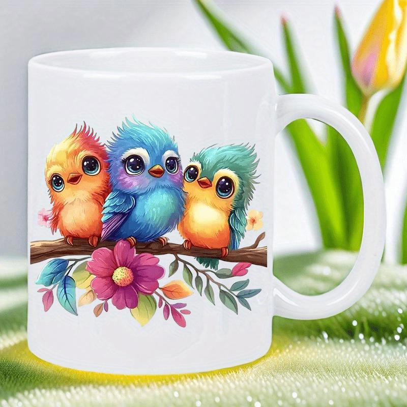 Tailorly White Ceramic 11 oz Mug - Three Colorful Fluffy Cute Birds Sitting On Wooden Branch With Vibrant Flower Birds