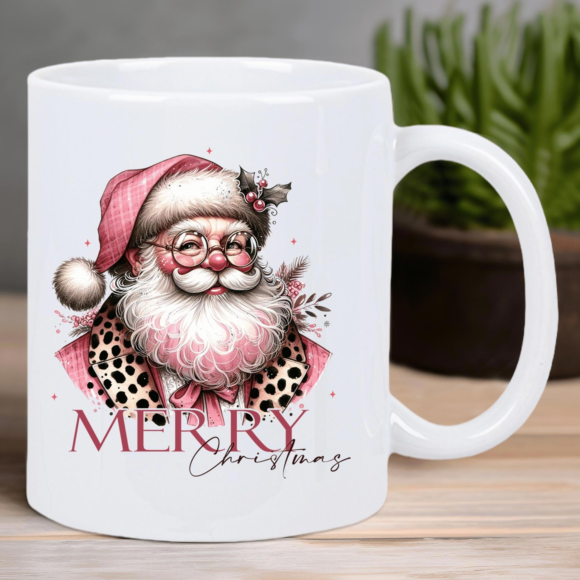 Tailorly White Ceramic 11 oz Mug - Merry Christmas Whimsical Jolly Portrait Wearing Pink Hat And Leopard Patterned Clothing Santa