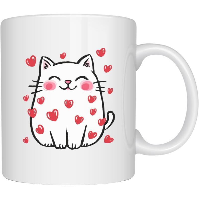 Tailorly White Ceramic 11 oz Mug - Adorable Smiling White Cartoon Feline Surrounded By Tiny Vibrant Red Hearts Cat