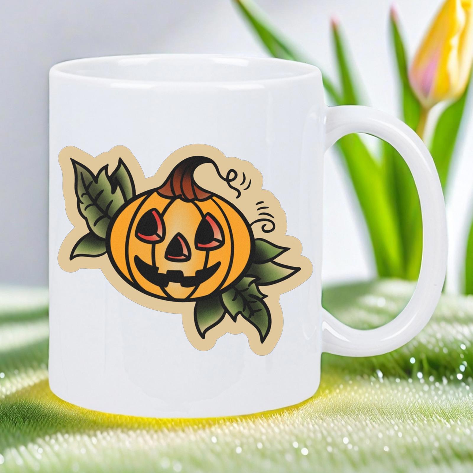 Tailorly White Ceramic 11 oz Mug - Vintage Tattoo Style Jack O Lantern Surrounded By Green Autumn Leaves Pumpkin