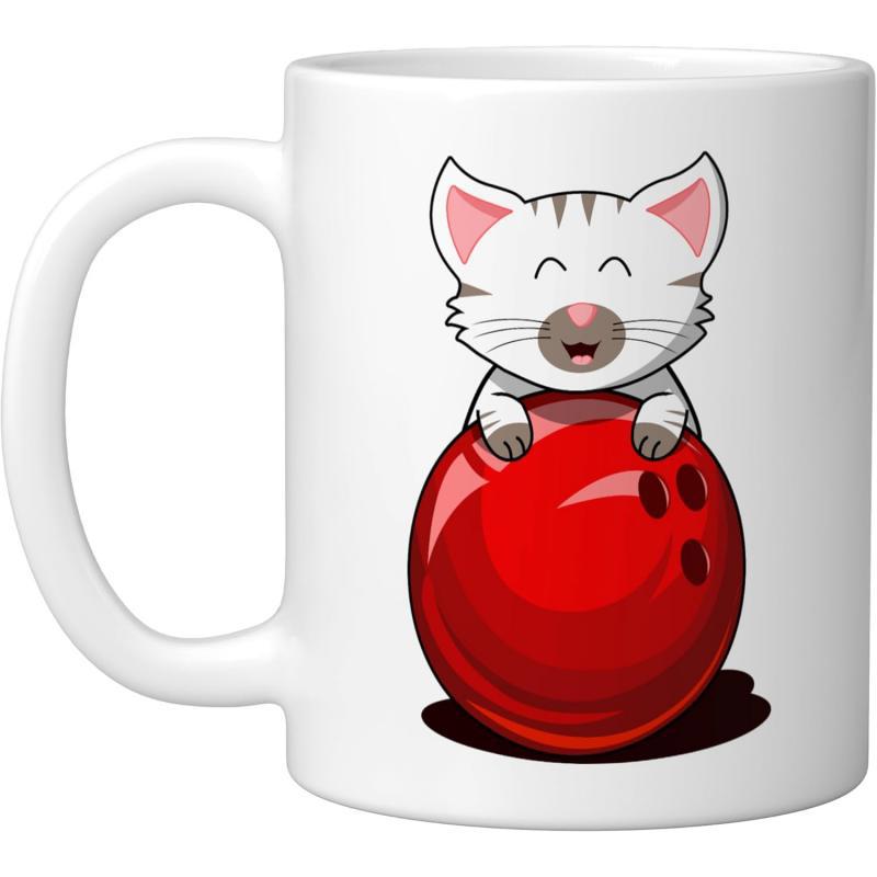 Tailorly White Ceramic 11 oz Mug - Playful White Cartoon Kitten Smiling While Resting On Large Red Bowling Ball