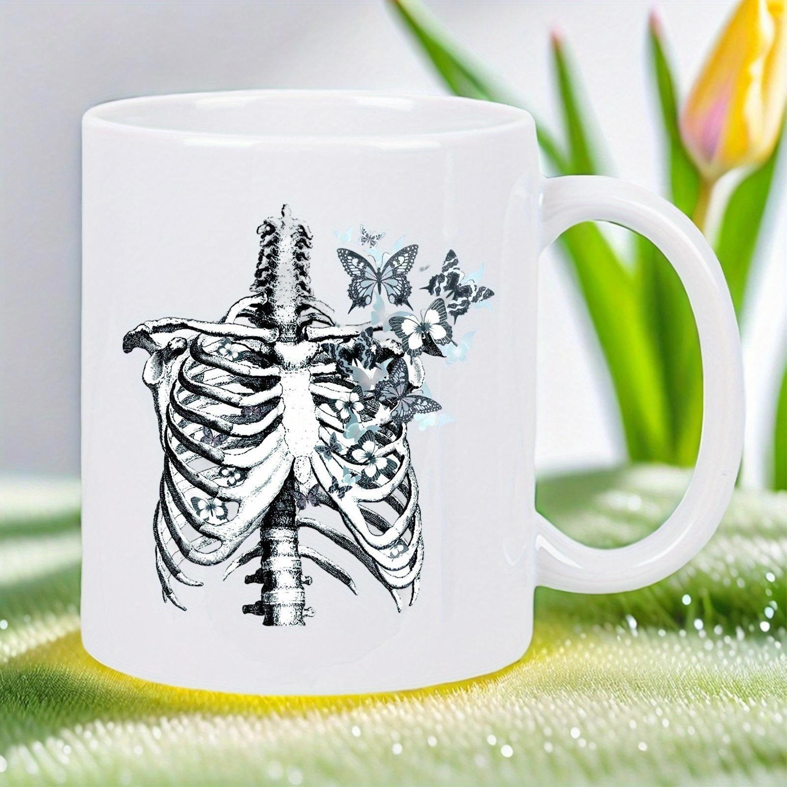 Tailorly White Ceramic 11 oz Mug - Vintage Anatomical Sketch Featuring Delicate Butterflies Fluttering Around A Detailed Human Ribcage