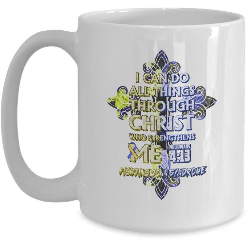 Tailorly White Ceramic 11 oz Mug - I Can Do All Things Through Christ Who Strengthens Me Ornate Decorative Fleur De Lis Pattern With Vibrant Purple And Yellow