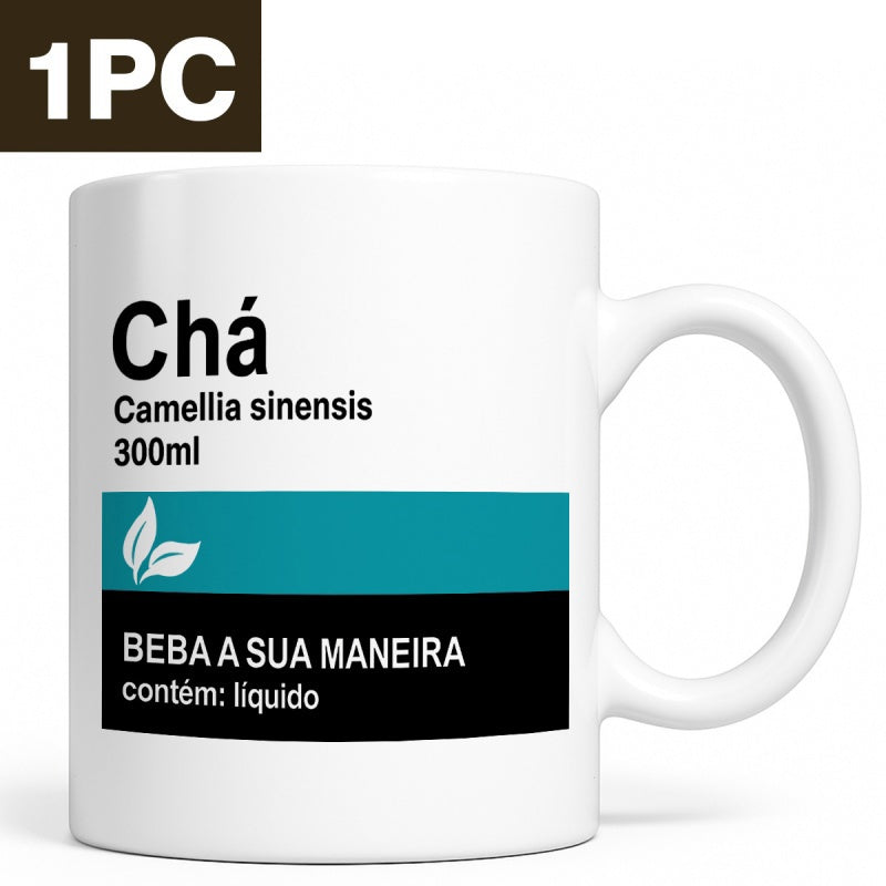 Tailorly White Ceramic 11 oz Mug - Camellia Sinensis Minimalist Design With Teal Horizontal Bar And White Leaves Mug