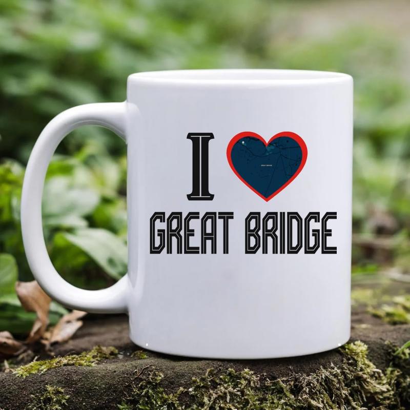 Tailorly White Ceramic 11 oz Mug - I Great Bridge Distressed Blue Heart Symbol Bordered With Red Classic Athletic Font Heart