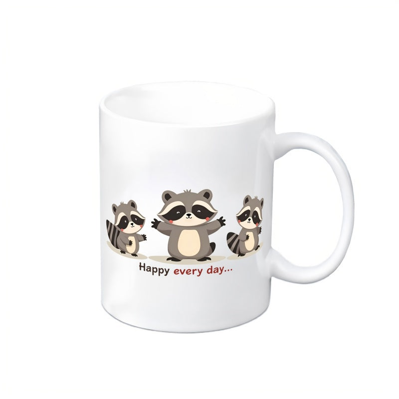Tailorly White Ceramic 11 oz Mug - Happy Every Day Three Adorable Little Forest Raccoons Standing Together In A Happy Row Raccoon
