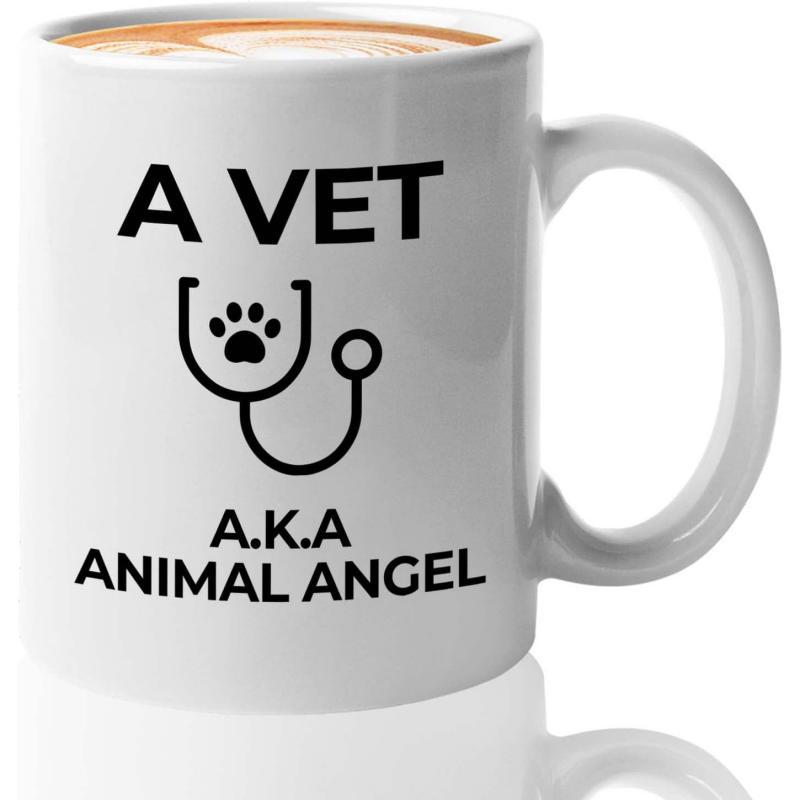 Tailorly White Ceramic 11 oz Mug - A Vet AKA Animal Angel Minimalist Black Line Design Featuring Heart Shaped Animal Paw Stethoscope
