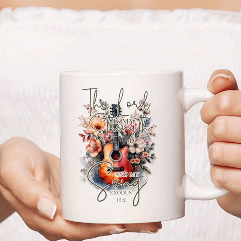 Tailorly White Ceramic 11 oz Mug - The Lord Is My Strength And My Song Acoustic Guitar Surrounded By Vibrant Blooming Flowers With Intricate Artistic Details