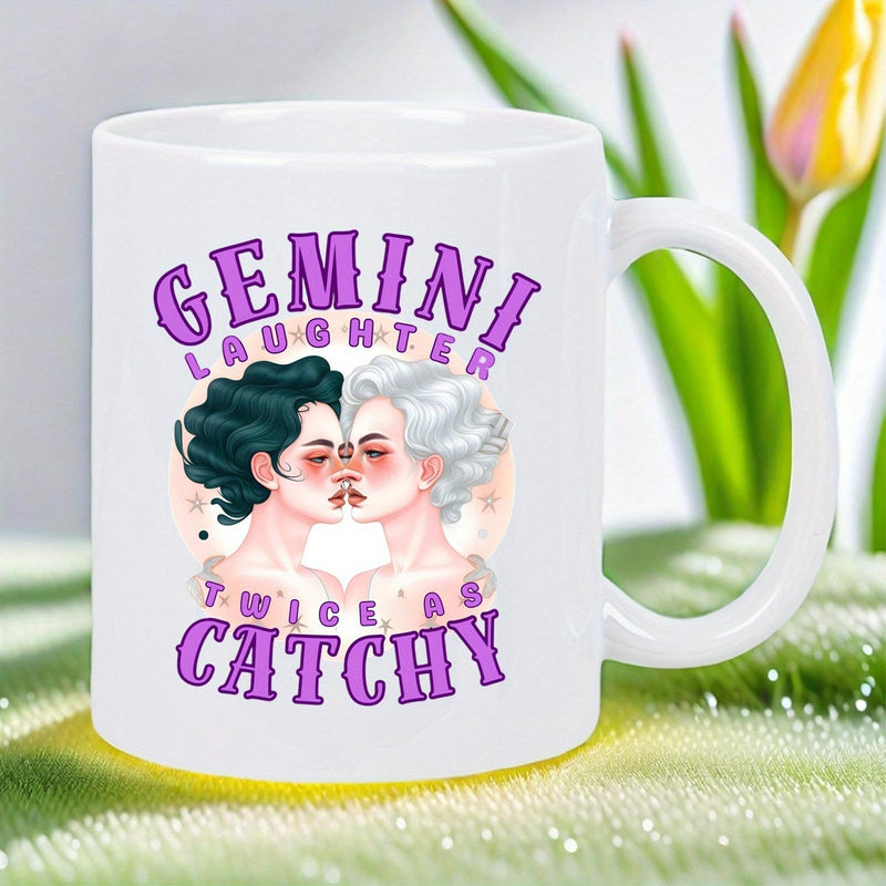 Tailorly White Ceramic 11 oz Mug - Gemini Laughter Twice As Catchy Stylized Portraits Of Two Women Facing Each Other Among Purple Text Twins