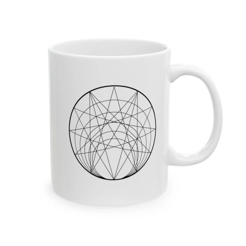 Tailorly White Ceramic 11 oz Mug - Complex Sacred Geometry Design With Interlocking Symmetrical Black Lines Circular Pattern