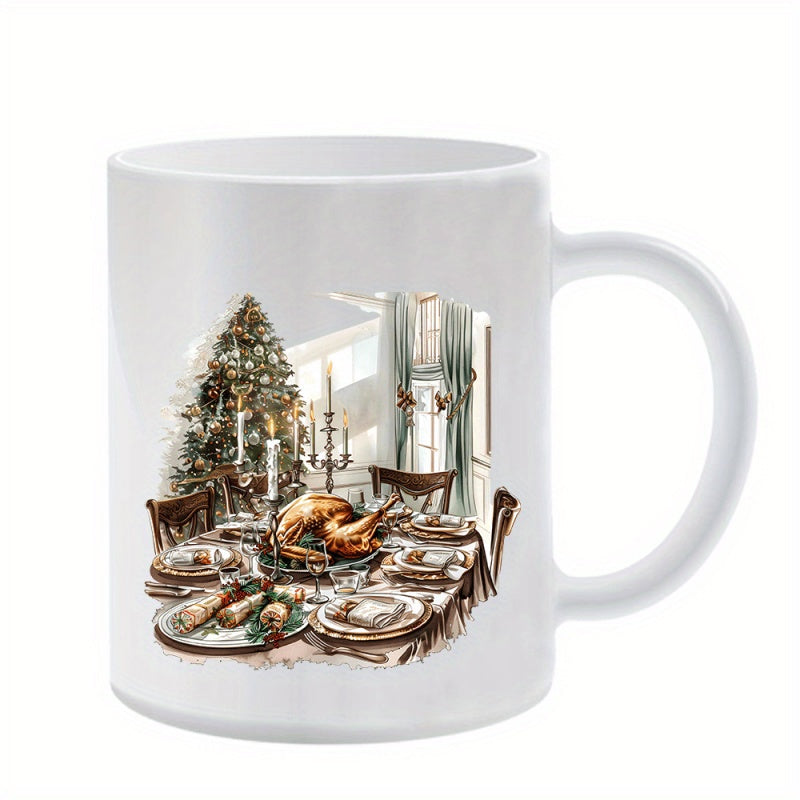 Tailorly White Ceramic 11 oz Mug - Elegant Festive Room Featuring A Roasted Turkey Upon A Set Table