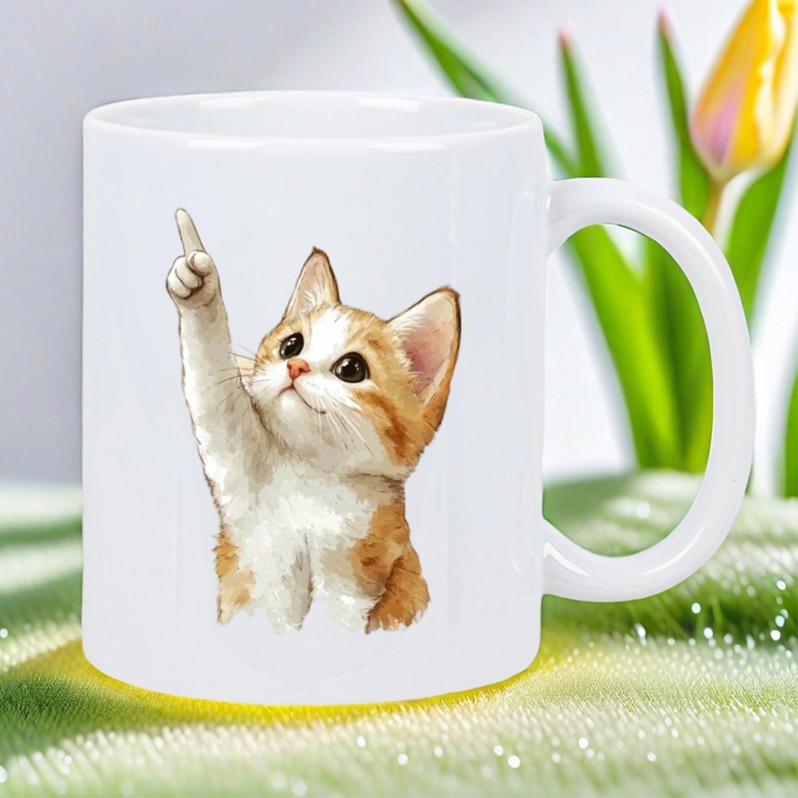 Tailorly White Ceramic 11 oz Mug - Adorable Ginger Kitten Pointing Paw Towards Sky With Curious Expression Kitten