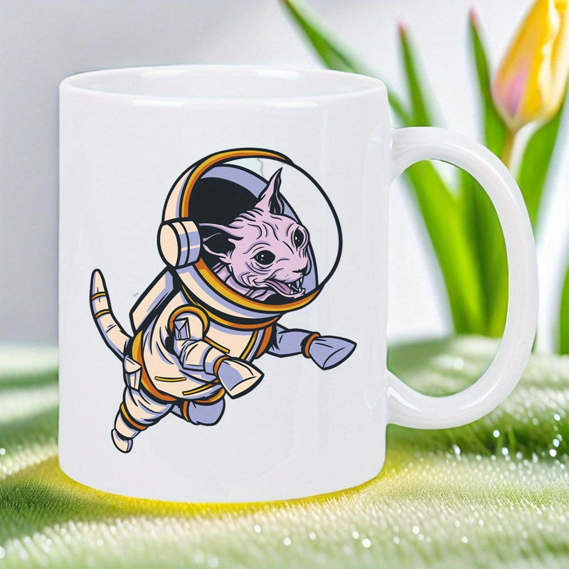 Tailorly White Ceramic 11 oz Mug - Whimsical Hairless Sphynx Floating In A Retro Vintage Space Suit Astronaut