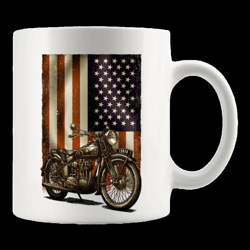 Tailorly White Ceramic 11 oz Mug - Vintage Distressed American Flag Background With A Classic Retro Style Motorcycle