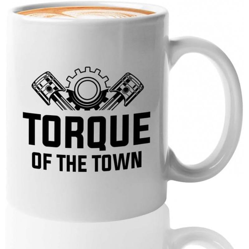 Tailorly White Ceramic 11 oz Mug - Torque Of The Town Two Engine Pistons And A Mechanical Gear Arranged In A Symmetrical Layout Piston