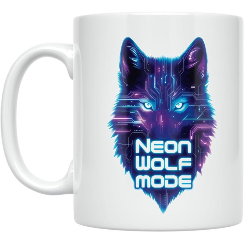 Tailorly White Ceramic 11 oz Mug - Neon Wolf Mode Glowing Blue Eyes Among Vibrant Purple Futuristic Tech Fur Wolf