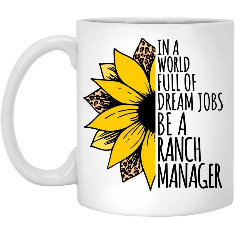 Tailorly White Ceramic 11 oz Mug - In A World Full Of Dream Jobs Be A Ranch Manager Vibrant Yellow Half Sunflower With Artistic Leopard Print Textures Rustic