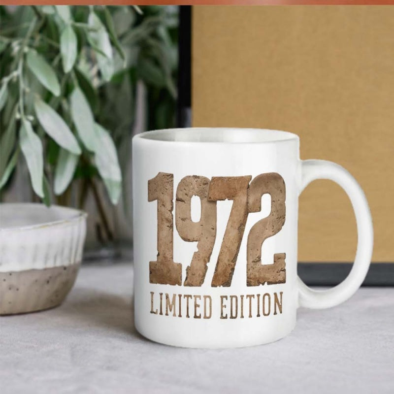 Tailorly White Ceramic 11 oz Mug - 1972 Limited Edition Rustic Brown Distressed Vintage Numbers Over A Smooth Mug