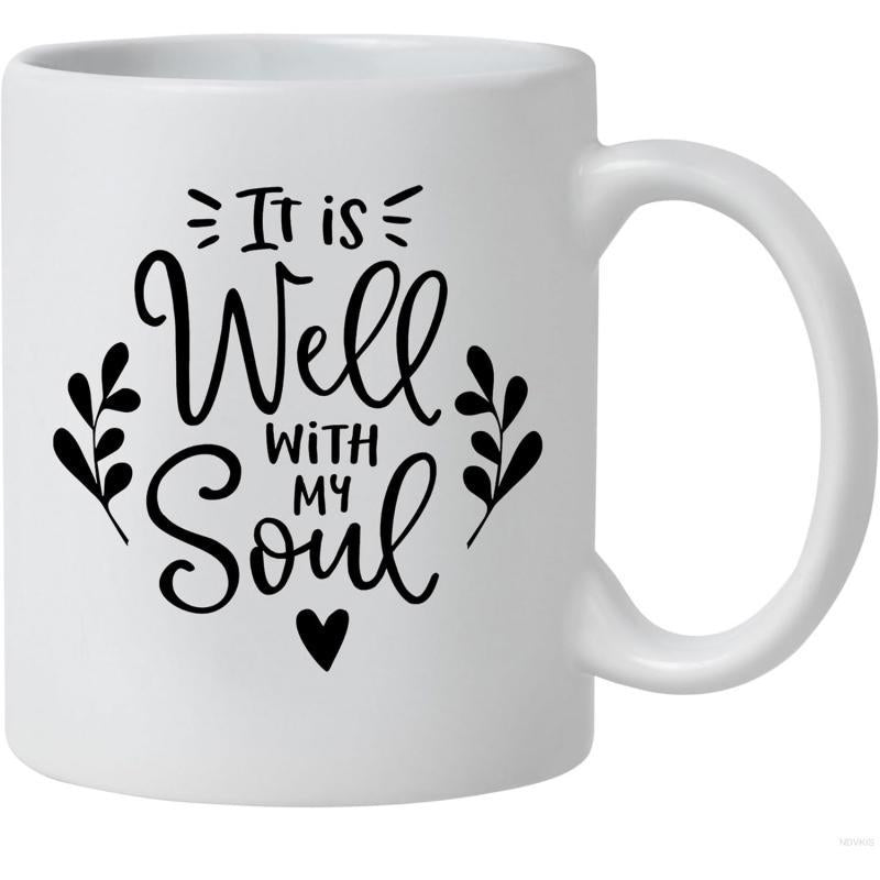 Tailorly White Ceramic 11 oz Mug - It Is Well With My Soul Inspirational Script With Elegant Floral Branches And Heart Sign